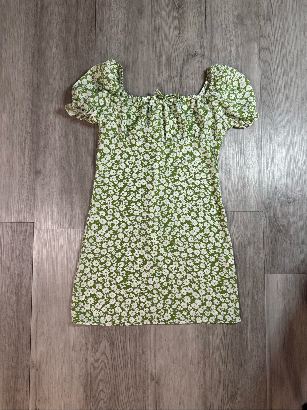 SHEIN Girls 10Y Green White Floral Puff Sleeve Square Neck A-Line Knee Dress